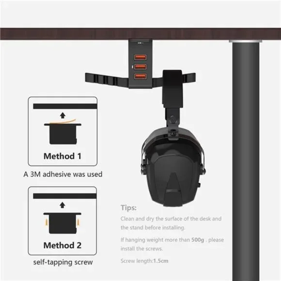 Headphone Stand with USB Charger Under Desk Headset Holder Mount with 3 Port USB